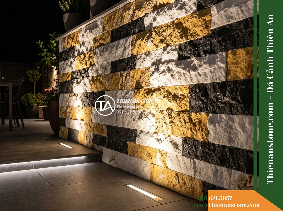 Đá ghép 3 màu Nghệ An | Marble phối 3 màu (Trắng - Vàng - Đen Nghệ An) | 10x50 cm - Hình 14 Đá ghép 3 màu Nghệ An | Marble phối 3 màu (Trắng - Vàng - Đen Nghệ An) | 10x50 cm - Low-angle architectural night lighting washing up the surface of the three-color