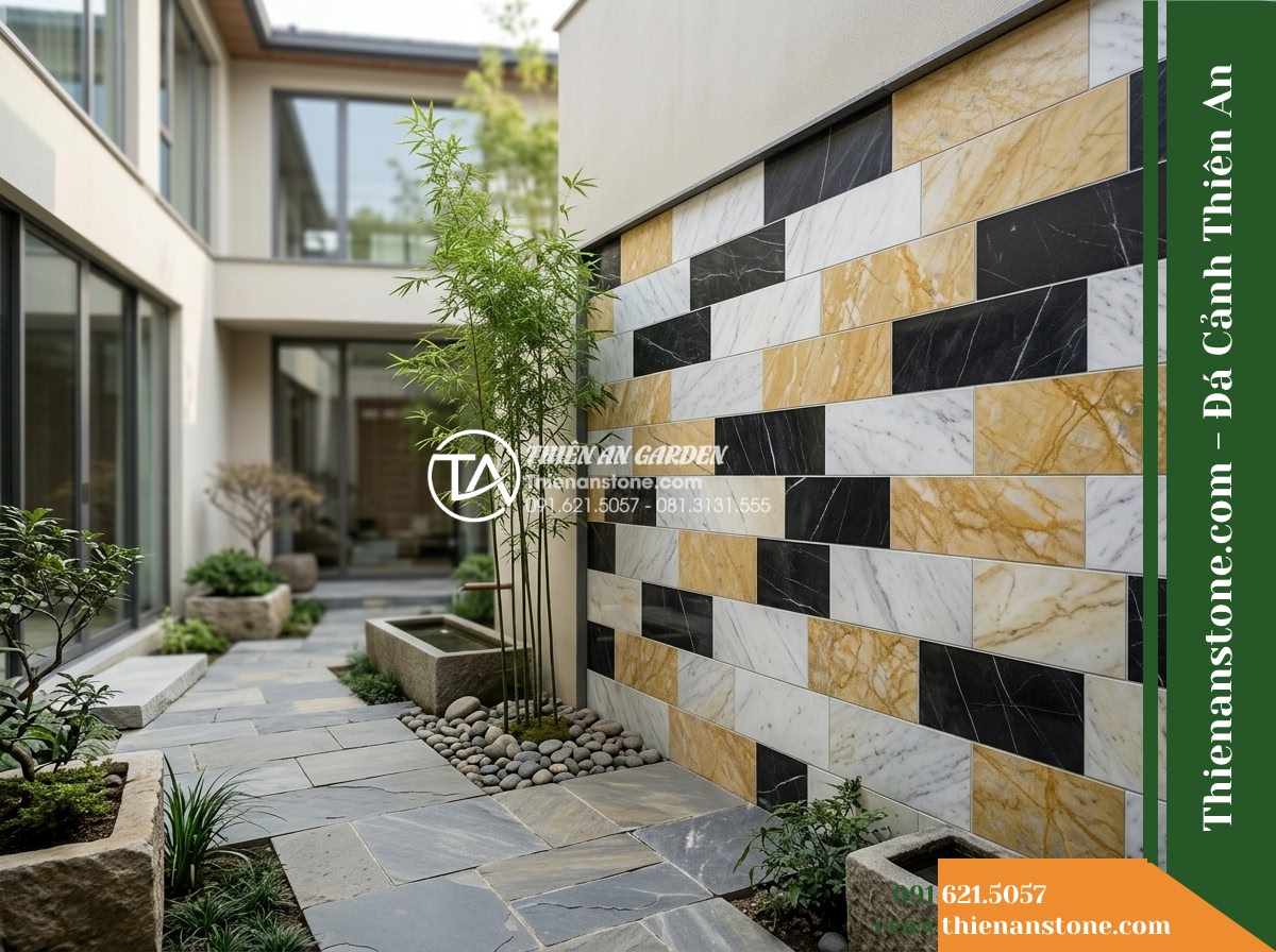Đá ghép 3 màu Nghệ An | Marble phối 3 màu (Trắng - Vàng - Đen Nghệ An) | 10x50 cm - Hình 18 Đá ghép 3 màu Nghệ An | Marble phối 3 màu (Trắng - Vàng - Đen Nghệ An) | 10x50 cm - A finished context photograph of the 10x50 cm three-color marble accent wall fra