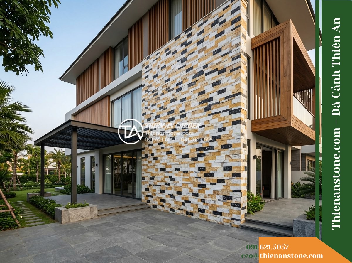 Đá ghép 3 màu Nghệ An | Marble phối 3 màu (Trắng - Vàng - Đen Nghệ An) | 10x50 cm - Hình 19 Đá ghép 3 màu Nghệ An | Marble phối 3 màu (Trắng - Vàng - Đen Nghệ An) | 10x50 cm - An expansive full-facade architectural photograph of a luxury contemporary villa