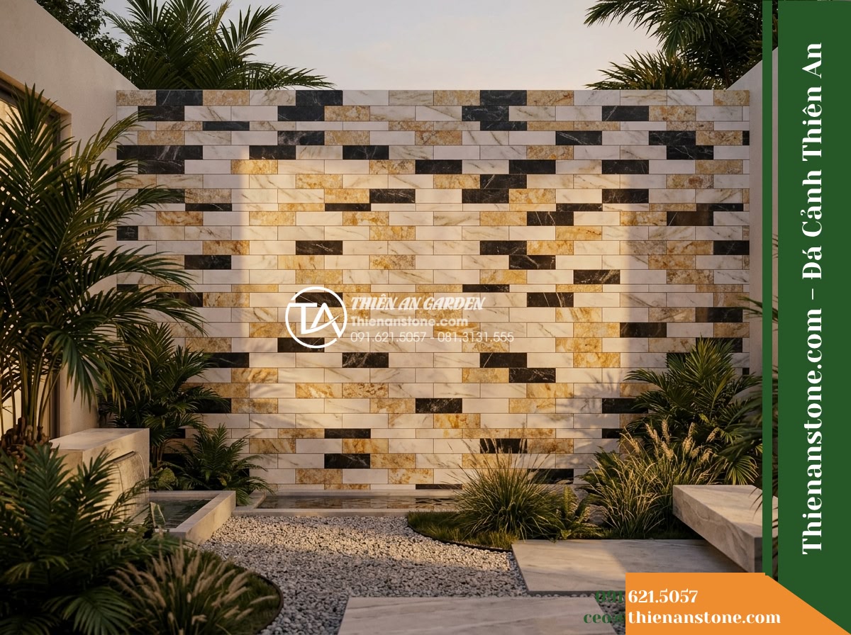 Đá ghép 3 màu Nghệ An | Marble phối 3 màu (Trắng - Vàng - Đen Nghệ An) | 10x50 cm - Hình 20 Đá ghép 3 màu Nghệ An | Marble phối 3 màu (Trắng - Vàng - Đen Nghệ An) | 10x50 cm - A final cinematic wide shot of the completed three-color marble feature wall see