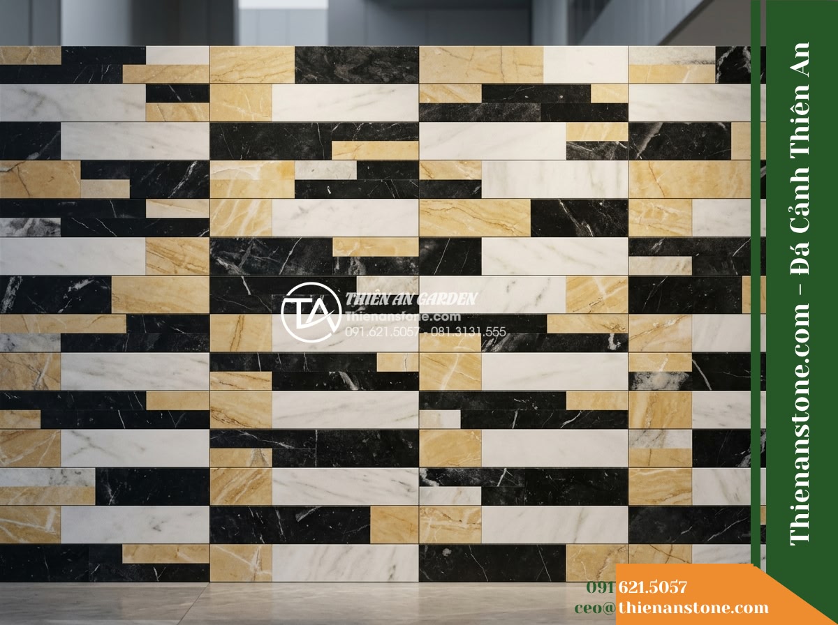 Đá ghép 3 màu Nghệ An | Marble phối 3 màu (Trắng - Vàng - Đen Nghệ An) | 10x50 cm - Hình 5 Đá ghép 3 màu Nghệ An | Marble phối 3 màu (Trắng - Vàng - Đen Nghệ An) | 10x50 cm - An eye-level straight elevation view of an architectural wall clad neatly in 10x