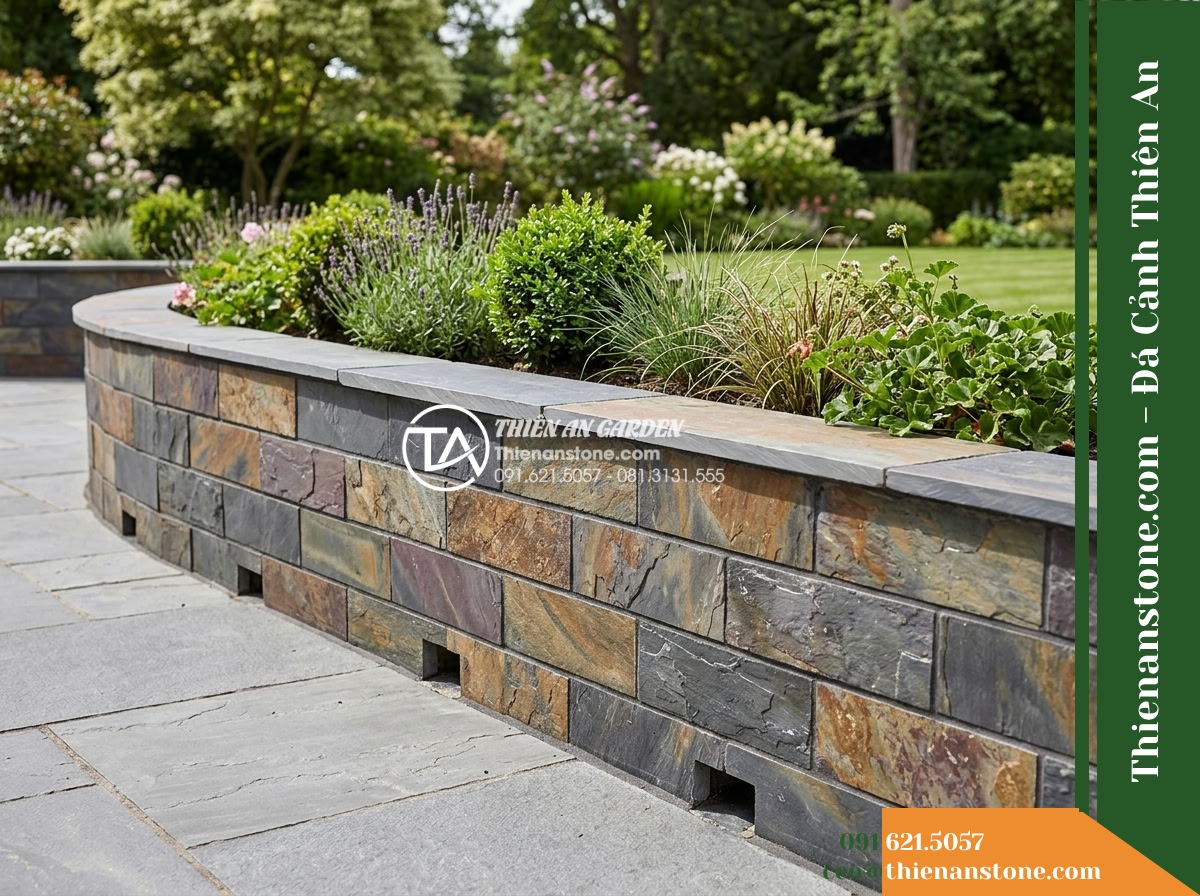 Đá ghép đa sắc Điện Biên | Slate đa sắc Điện Biên | 10x50 cm - Hình 16 Đá ghép đa sắc Điện Biên | Slate đa sắc Điện Biên | 10x50 cm - Wide-angle view showing the accessible lower boundary and upper coping of a plan