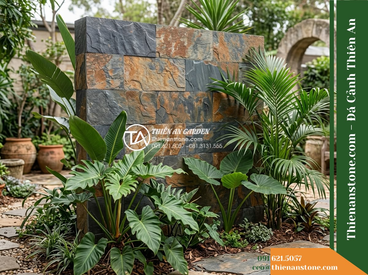 Đá ghép đa sắc Điện Biên | Slate đa sắc Điện Biên | 10x50 cm - Hình 18 Đá ghép đa sắc Điện Biên | Slate đa sắc Điện Biên | 10x50 cm - Authentic garden courtyard setting featuring the completed stone feature wall st