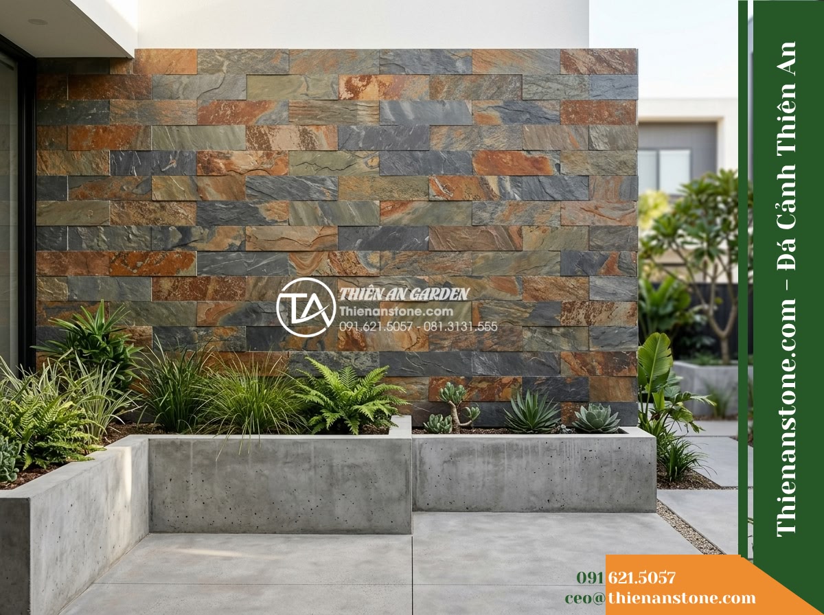 Đá ghép đa sắc Điện Biên | Slate đa sắc Điện Biên | 10x50 cm - Hình 19 Đá ghép đa sắc Điện Biên | Slate đa sắc Điện Biên | 10x50 cm - Full elevation architectural photograph of a courtyard featuring a 10x50 cm mult