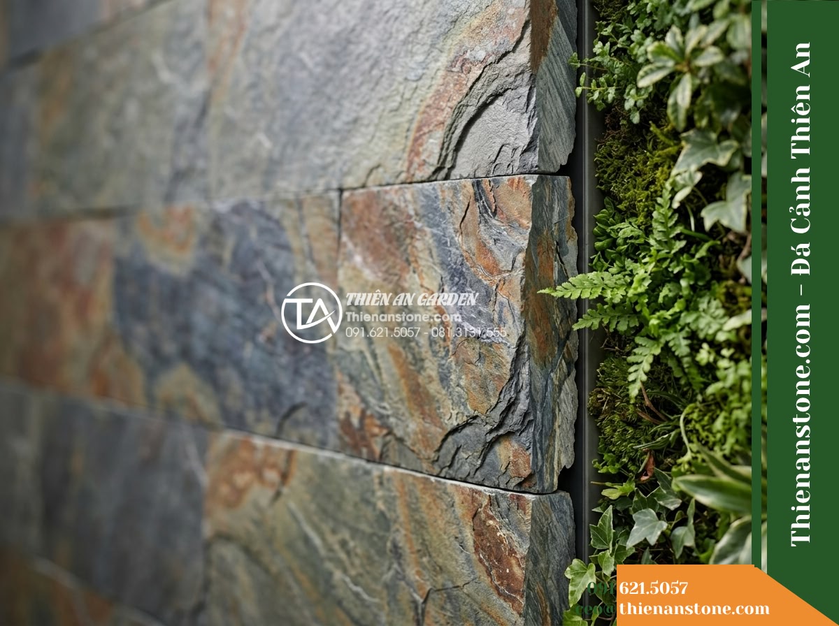 Đá ghép đa sắc Điện Biên | Slate đa sắc Điện Biên | 10x50 cm - Hình 6 Đá ghép đa sắc Điện Biên | Slate đa sắc Điện Biên | 10x50 cm - Detailed macro shot of the outer terminal edge of 10x50 cm slate modules meeting