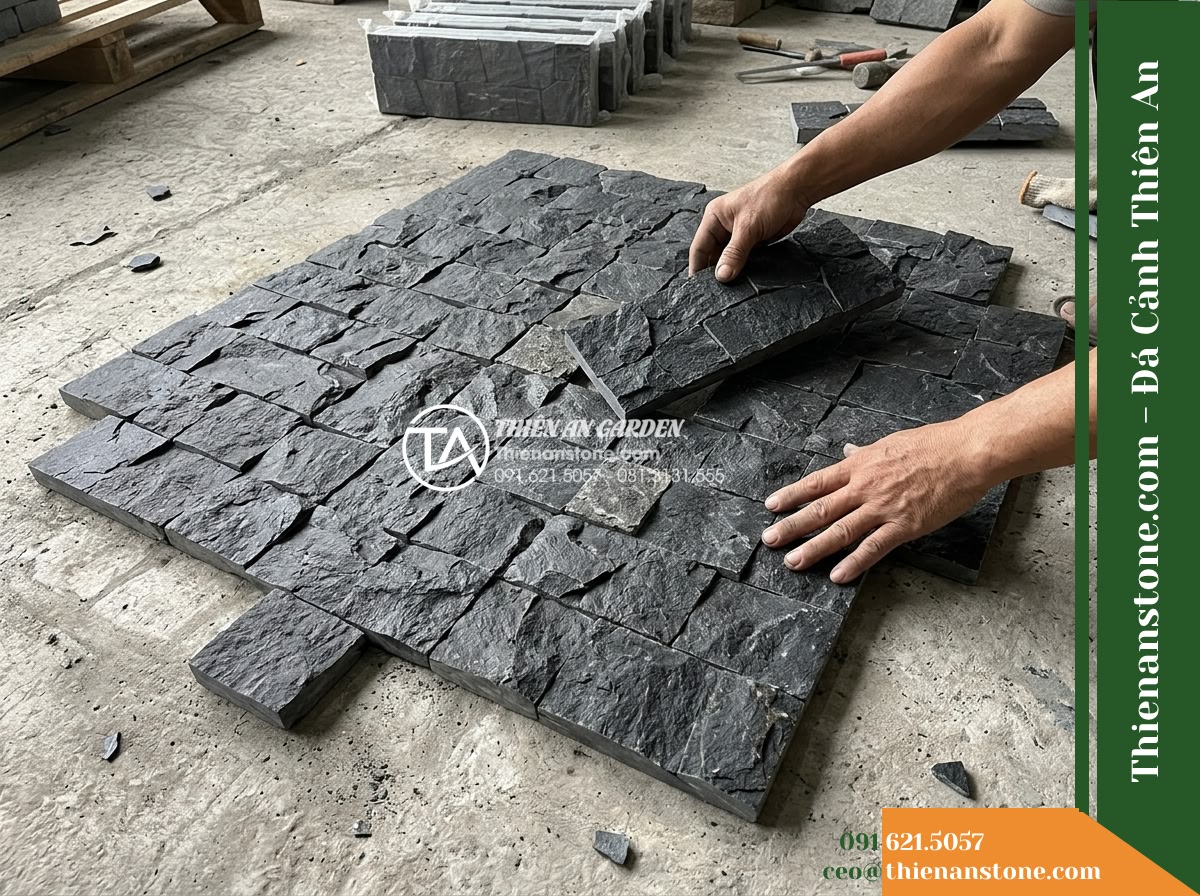 Đá ghép đen chẻ tay Quảng Ngãi | Bazan đen Quảng Ngãi | 10×40 cm