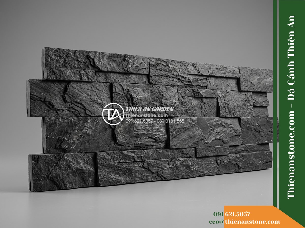Đá ghép đen Đà Nẵng | Slate đen Đà Nẵng | 10x50 cm - Hình 11 Đá ghép đen Đà Nẵng | Slate đen Đà Nẵng | 10x50 cm - Studio product photograph of a Da Nang black slate stacked stone modular tile, c