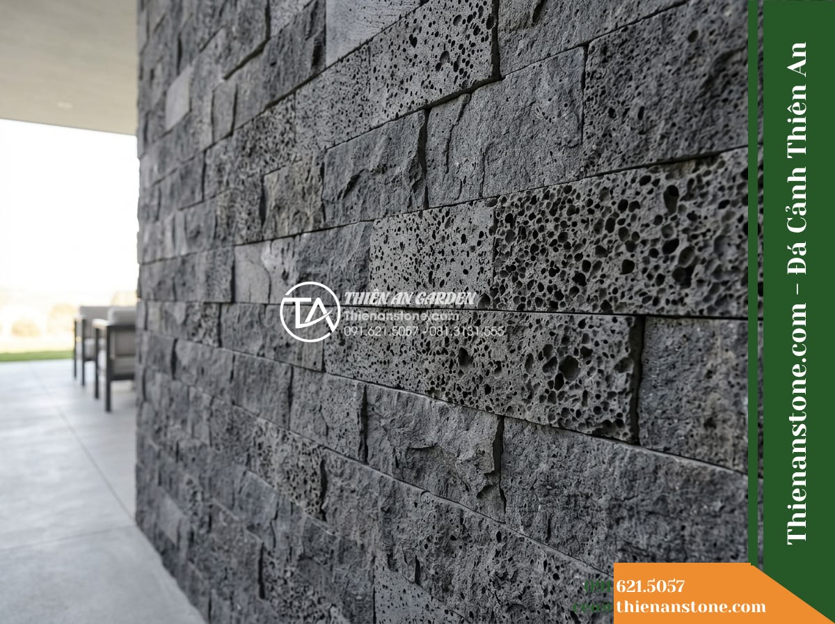 Đá ghép đen tổ ong Đồng Nai | Đá bazan lỗ Đồng Nai | 10×50 cm