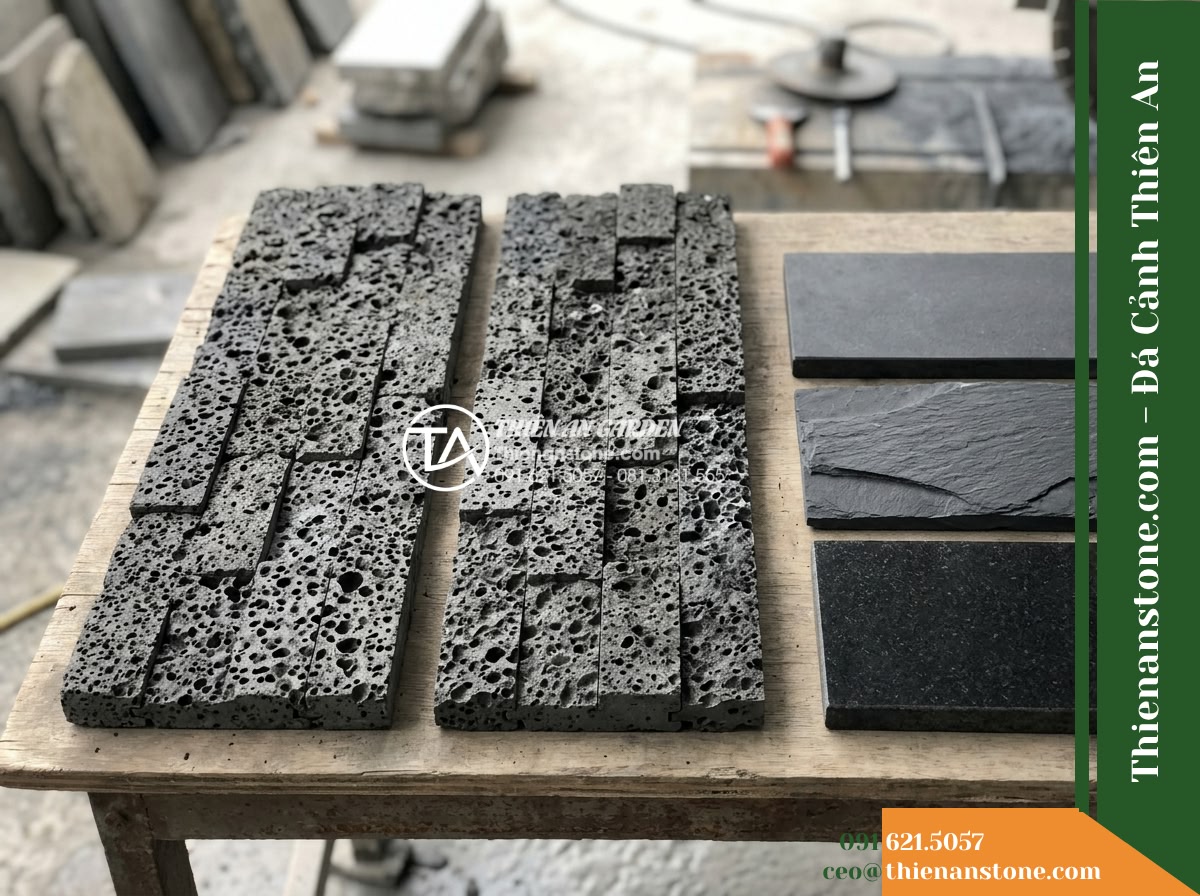 Đá ghép đen tổ ong Đồng Nai | Đá bazan lỗ Đồng Nai | 10×50 cm