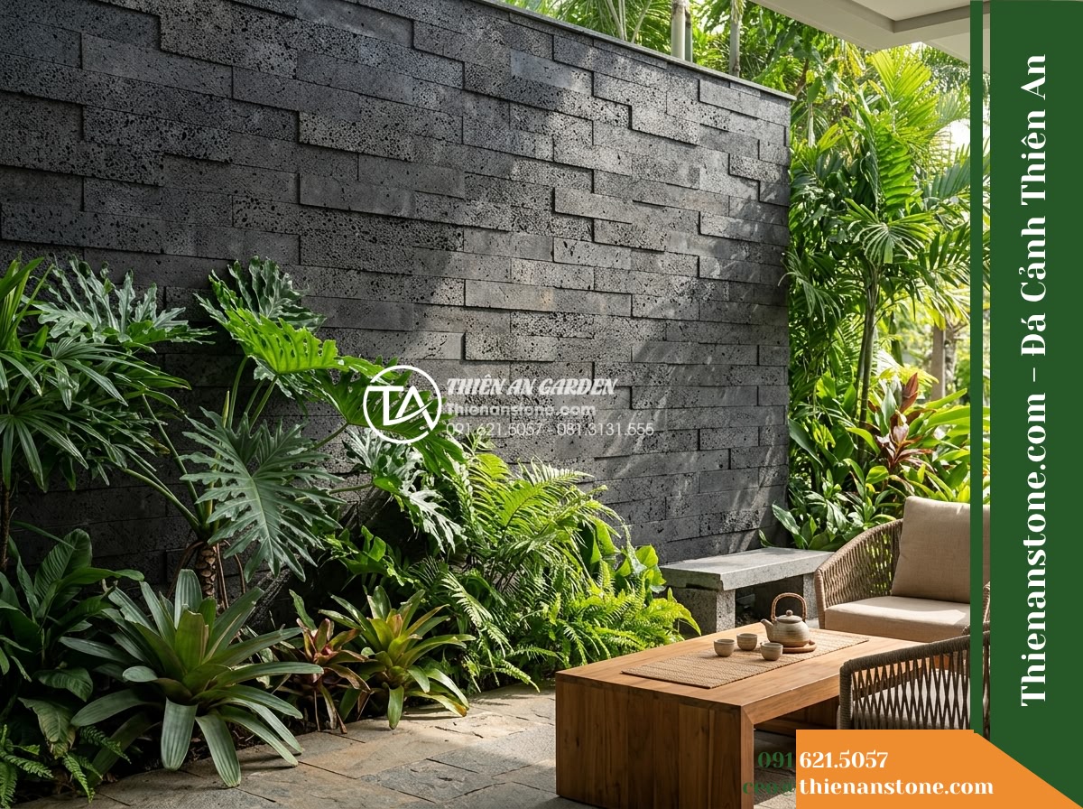 Đá ghép đen tổ ong Đồng Nai | Đá bazan lỗ Đồng Nai | 10×50 cm