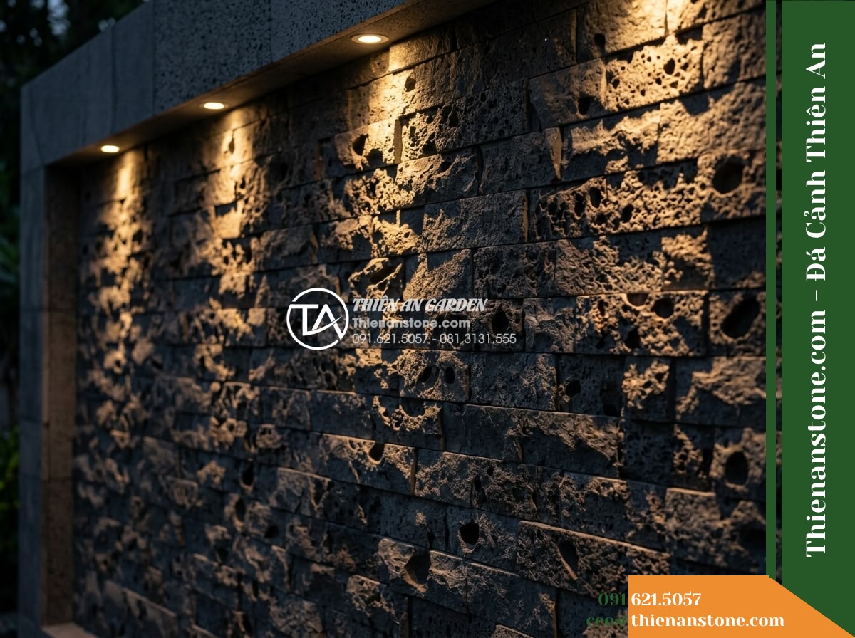 Đá ghép đen tổ ong Đồng Nai | Đá bazan lỗ Đồng Nai | 10×50 cm