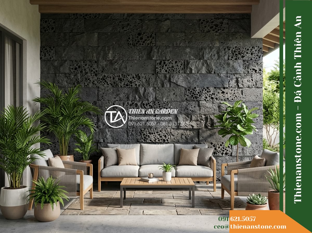 Đá ghép đen tổ ong Đồng Nai | Đá bazan lỗ Đồng Nai | 10×50 cm
