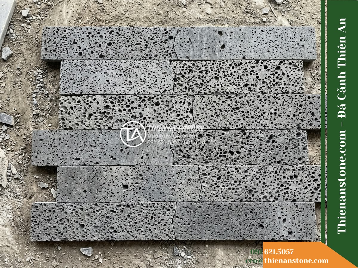Đá ghép đen tổ ong Đồng Nai | Đá bazan lỗ Đồng Nai | 10×50 cm