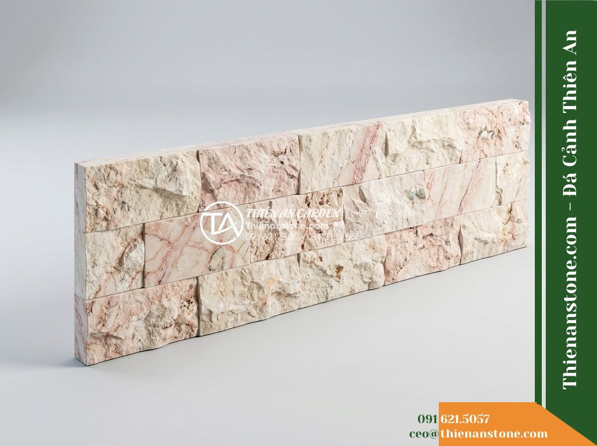 Đá ghép kem hồng Quỳ Hợp | Marble kem hồng Quỳ Hợp | 10x50 cm - Hình 11 Đá ghép kem hồng Quỳ Hợp | Marble kem hồng Quỳ Hợp | 10x50 cm - A studio technical shot of a single cream-pink Quỳ Hợp split marble modular pane