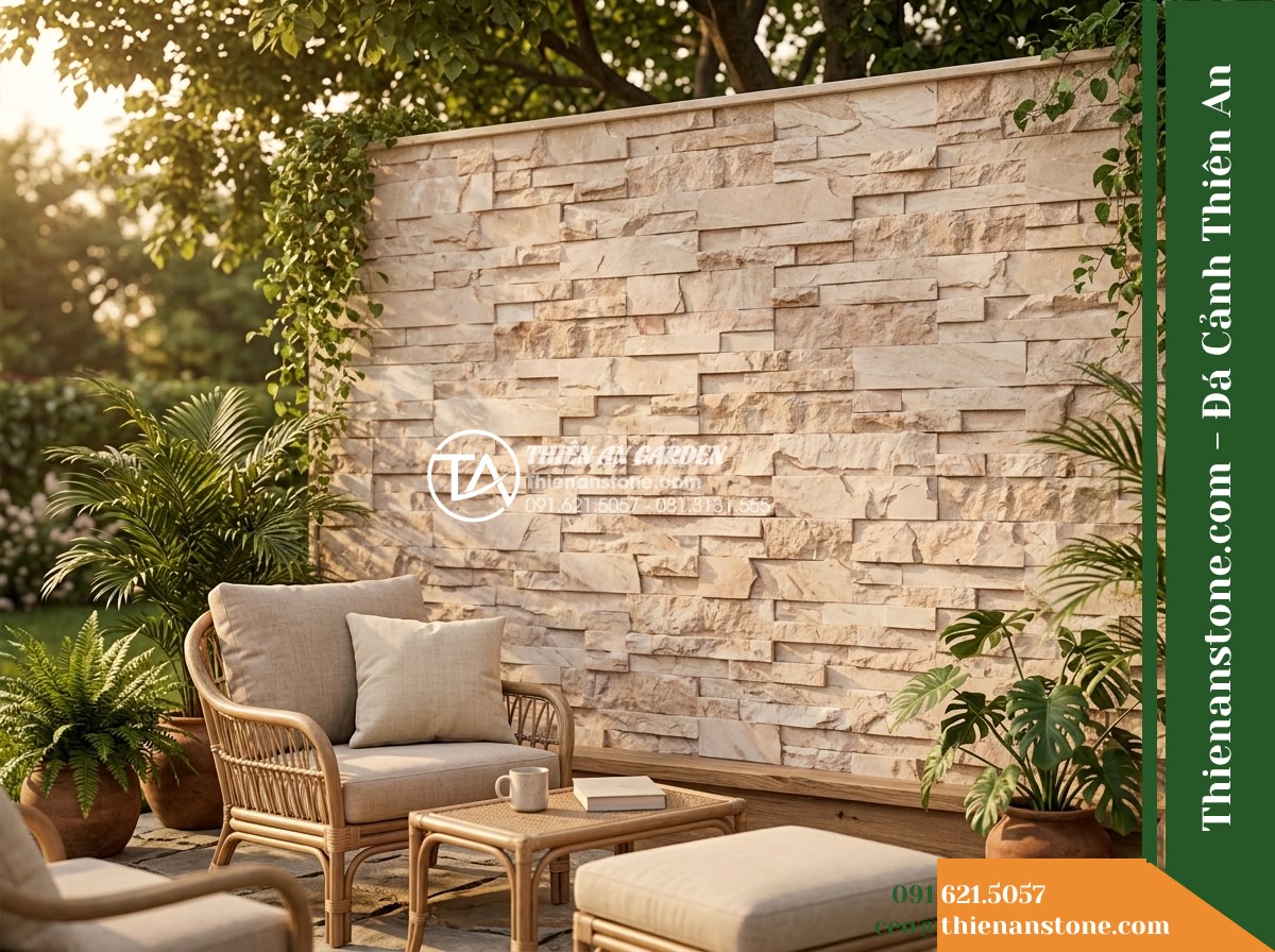 Đá ghép kem hồng Quỳ Hợp | Marble kem hồng Quỳ Hợp | 10x50 cm - Hình 18 Đá ghép kem hồng Quỳ Hợp | Marble kem hồng Quỳ Hợp | 10x50 cm - A warm and realistic atmospheric shot of the finished cream-pink stone panel ins
