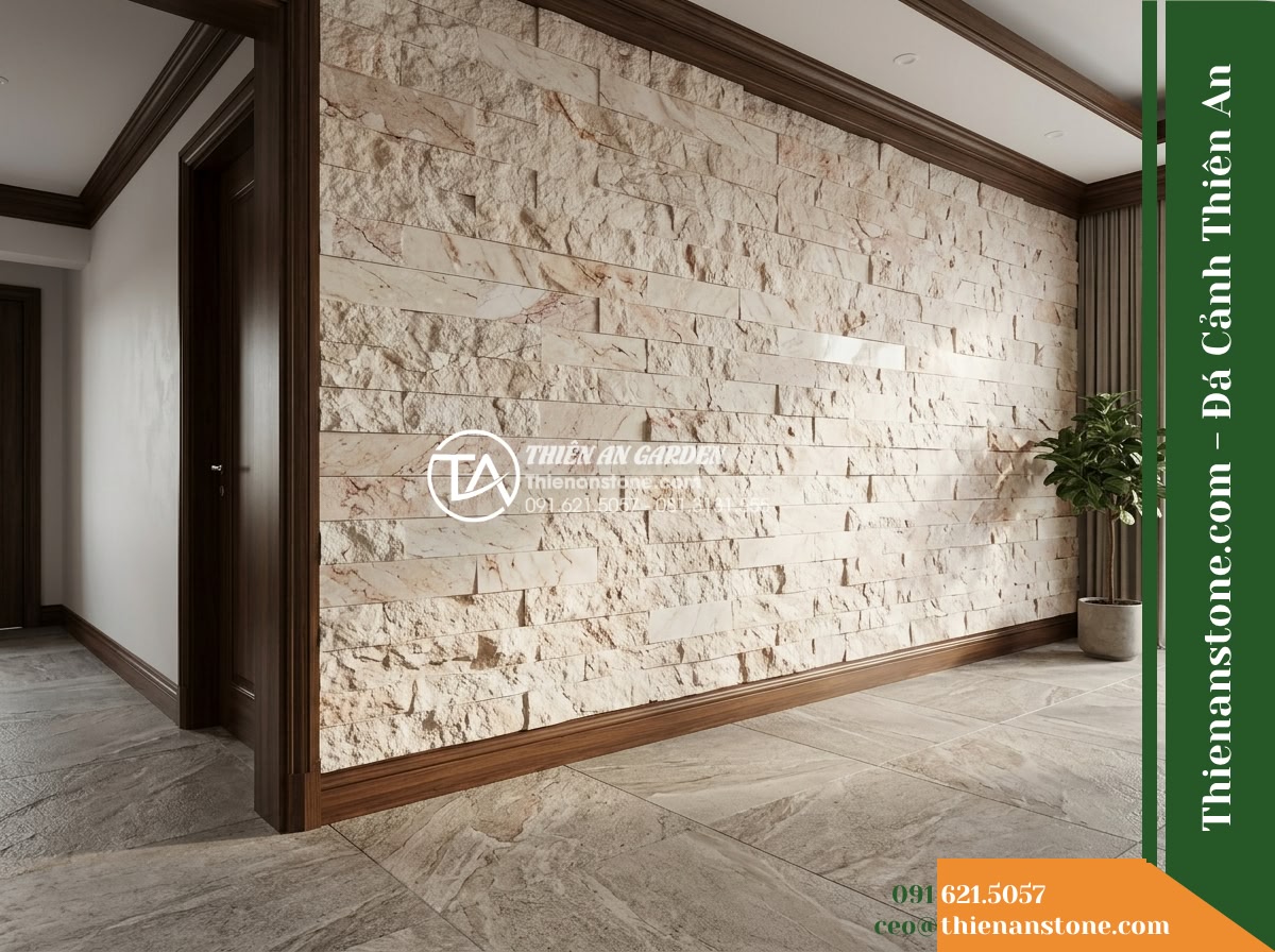 Đá ghép kem hồng Quỳ Hợp | Marble kem hồng Quỳ Hợp | 10x50 cm - Hình 19 Đá ghép kem hồng Quỳ Hợp | Marble kem hồng Quỳ Hợp | 10x50 cm - An architectural visualization showing the harmonious material blend between the
