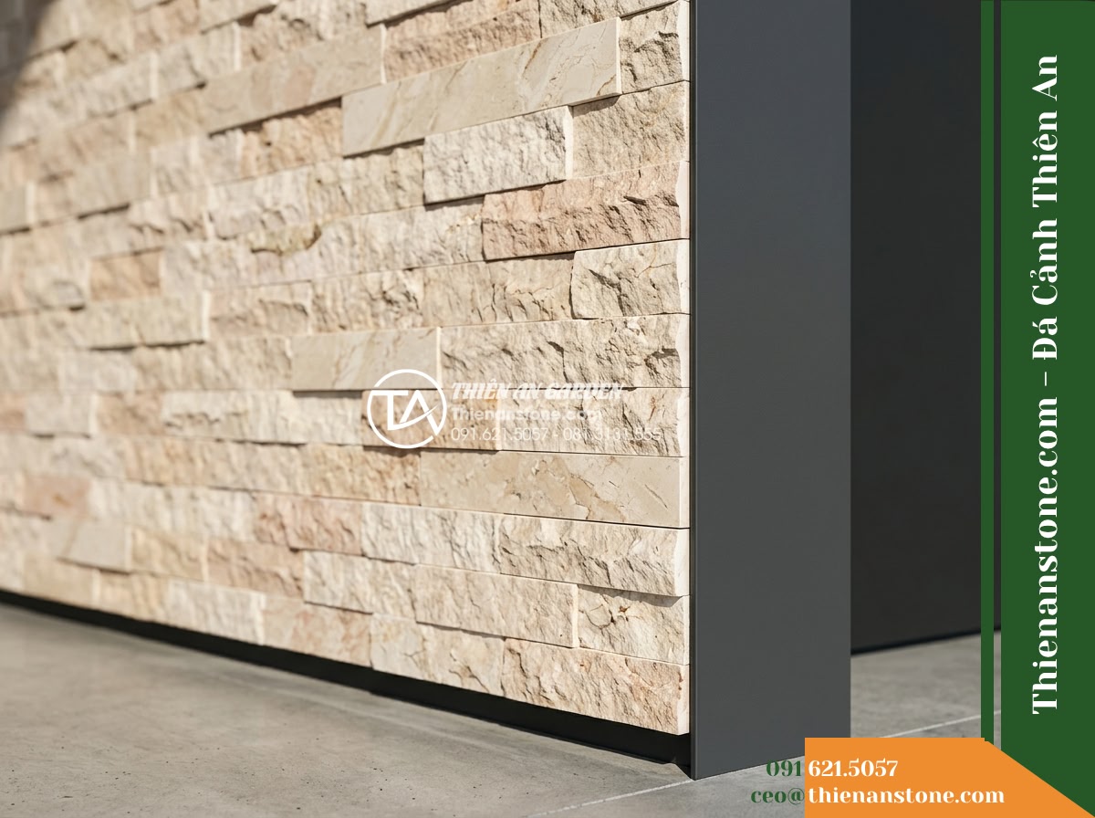 Đá ghép kem hồng Quỳ Hợp | Marble kem hồng Quỳ Hợp | 10x50 cm - Hình 6 Đá ghép kem hồng Quỳ Hợp | Marble kem hồng Quỳ Hợp | 10x50 cm - A sharp architectural detail showing the clean edge termination of a 10x50 cm st
