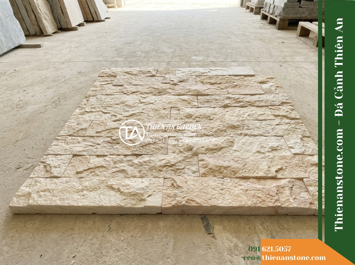 Đá ghép kem hồng Quỳ Hợp | Marble kem hồng Quỳ Hợp | 10x50 cm - Hình 7 Đá ghép kem hồng Quỳ Hợp | Marble kem hồng Quỳ Hợp | 10x50 cm - A small mock-up installation layout on a flat floor surface showing natural crea