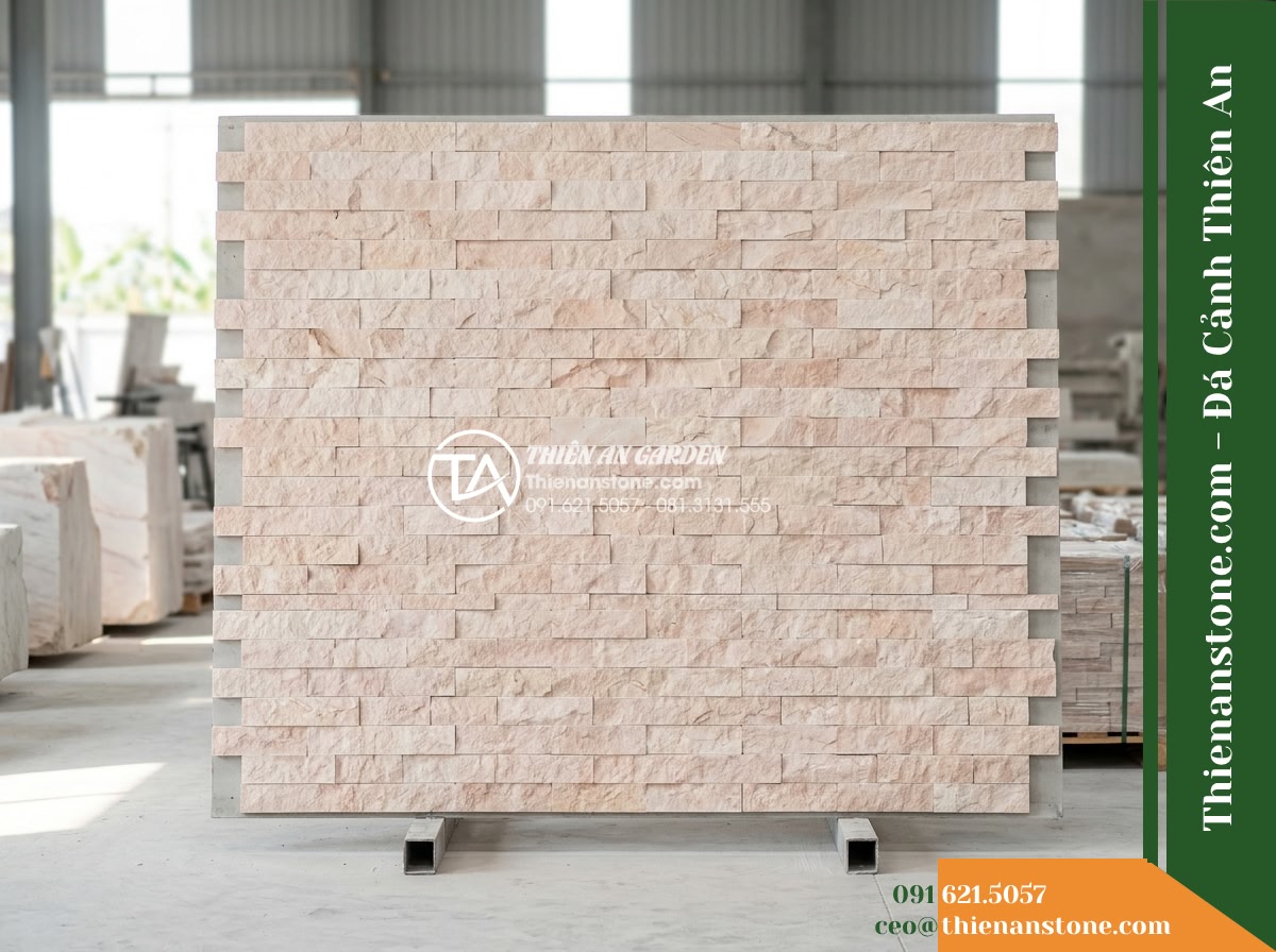 Đá ghép kem hồng Quỳ Hợp | Marble kem hồng Quỳ Hợp | 10x50 cm - Hình 8 Đá ghép kem hồng Quỳ Hợp | Marble kem hồng Quỳ Hợp | 10x50 cm - A wide observation shot of the test layout stone panel from a few meters back, r