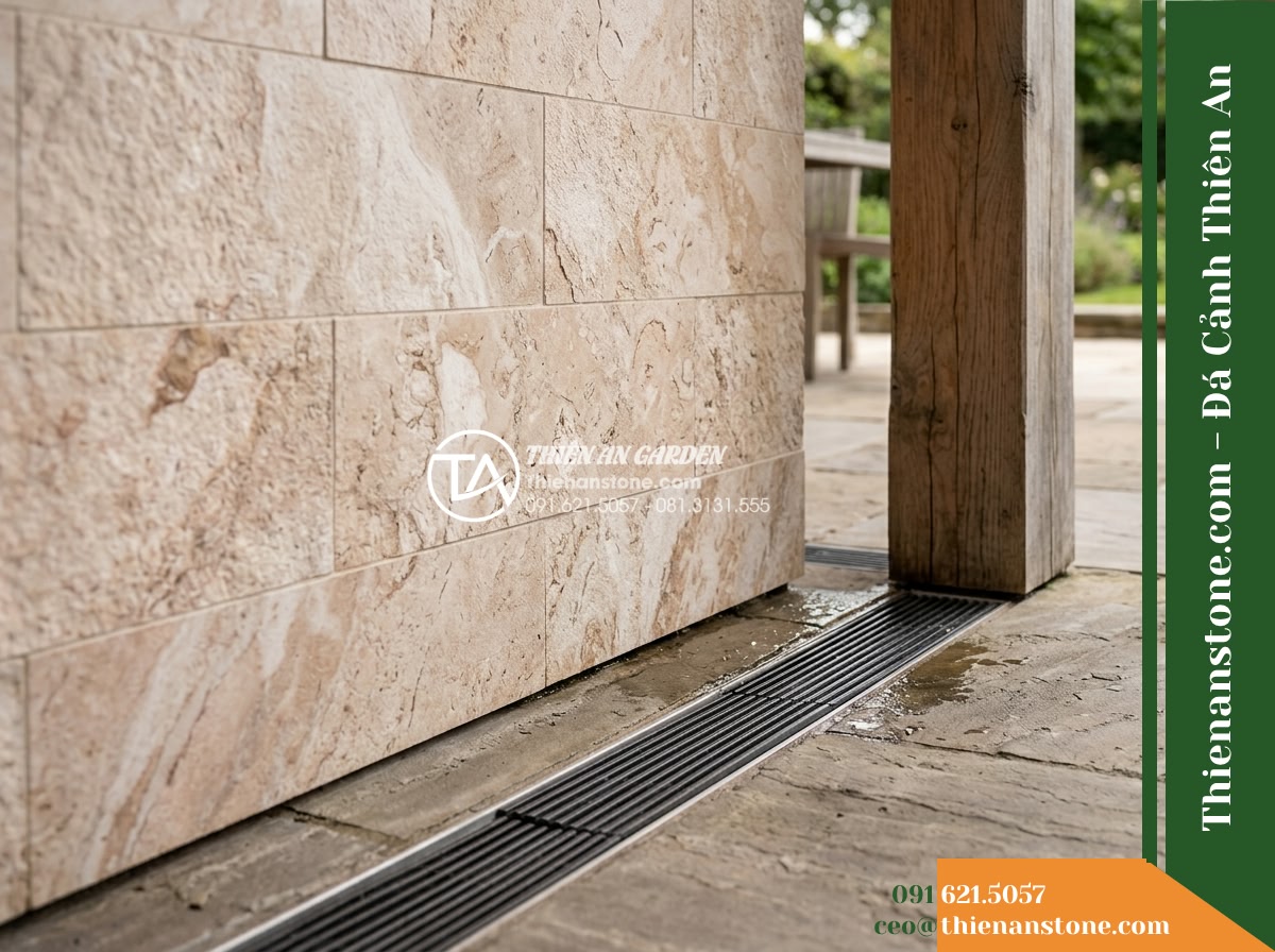 Đá ghép kem hồng Quỳ Hợp | Marble kem hồng Quỳ Hợp | 10x50 cm - Hình 9 Đá ghép kem hồng Quỳ Hợp | Marble kem hồng Quỳ Hợp | 10x50 cm - A close architectural view showing the base intersection where the natural stone