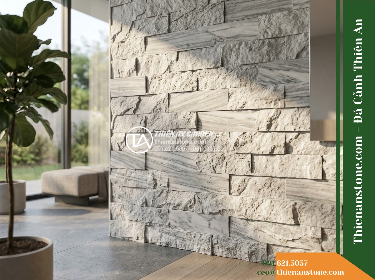 Đá ghép sọc dưa Hà Tĩnh | Marble sọc dưa Hà Tĩnh | 10x50 cm - Hình 13 Đá ghép sọc dưa Hà Tĩnh | Marble sọc dưa Hà Tĩnh | 10x50 cm - Morning natural sunlight illuminating split-face Hà Tĩnh striped stone wall, cre