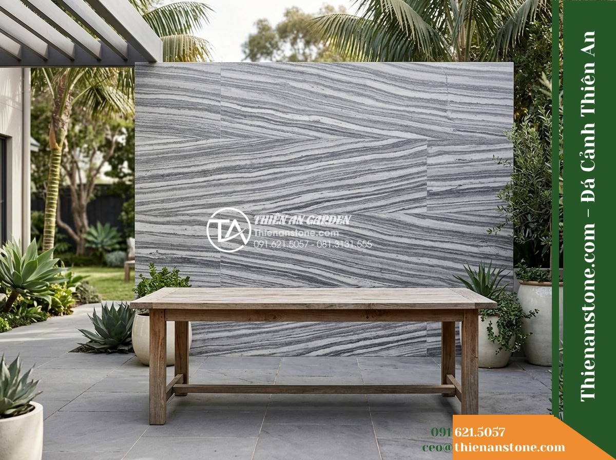 Đá ghép sọc dưa Hà Tĩnh | Marble sọc dưa Hà Tĩnh | 10x50 cm - Hình 18 Đá ghép sọc dưa Hà Tĩnh | Marble sọc dưa Hà Tĩnh | 10x50 cm - Mid-range contextual perspective of outdoor living space featuring a striped mar