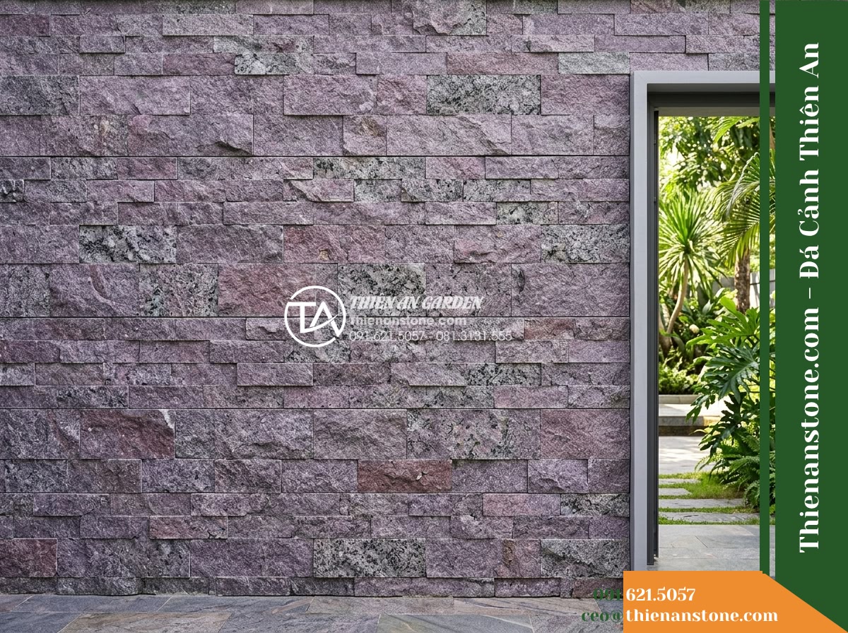 Đá ghép tím Khánh Hòa | Granite tím Khánh Hòa | 10x50 cm - Hình 17 Đá ghép tím Khánh Hòa | Granite tím Khánh Hòa | 10x50 cm - Straight architectural elevation shot showing neat edge termination of purple st