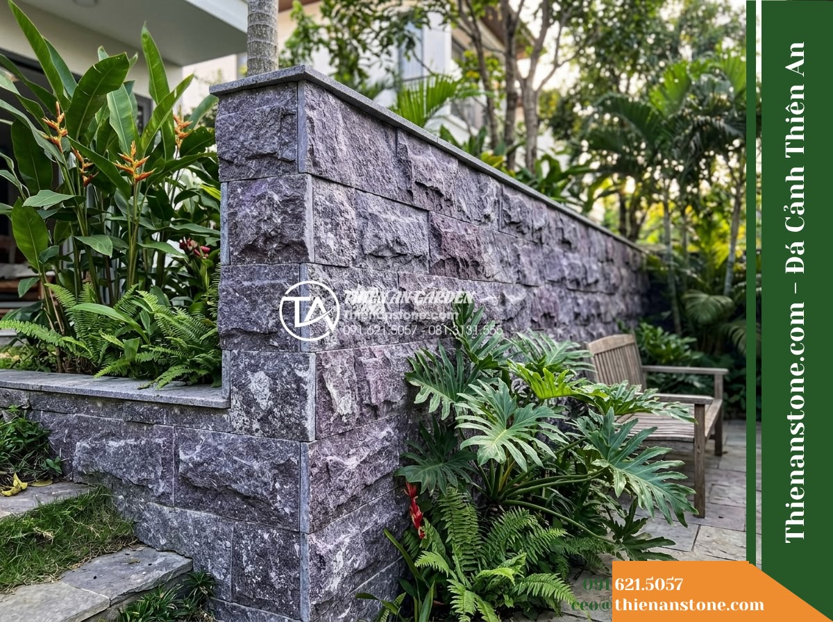Đá ghép tím Khánh Hòa | Granite tím Khánh Hòa | 10x50 cm - Hình 18 Đá ghép tím Khánh Hòa | Granite tím Khánh Hòa | 10x50 cm - Atmospheric scene of a garden patio where the purple stacked stone transition wa