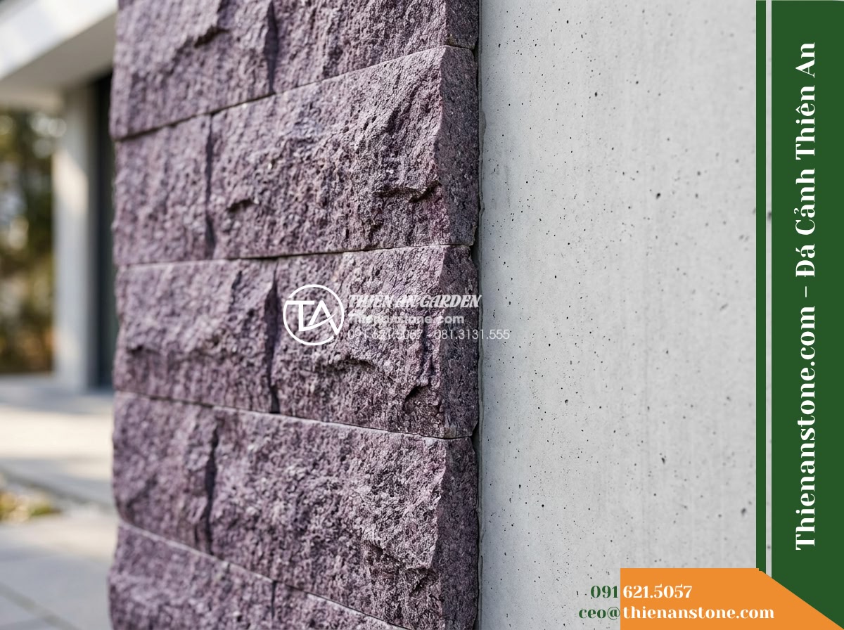 Đá ghép tím Khánh Hòa | Granite tím Khánh Hòa | 10x50 cm - Hình 2 Đá ghép tím Khánh Hòa | Granite tím Khánh Hòa | 10x50 cm - Close perspective view showing the crisp vertical terminal junction where rough