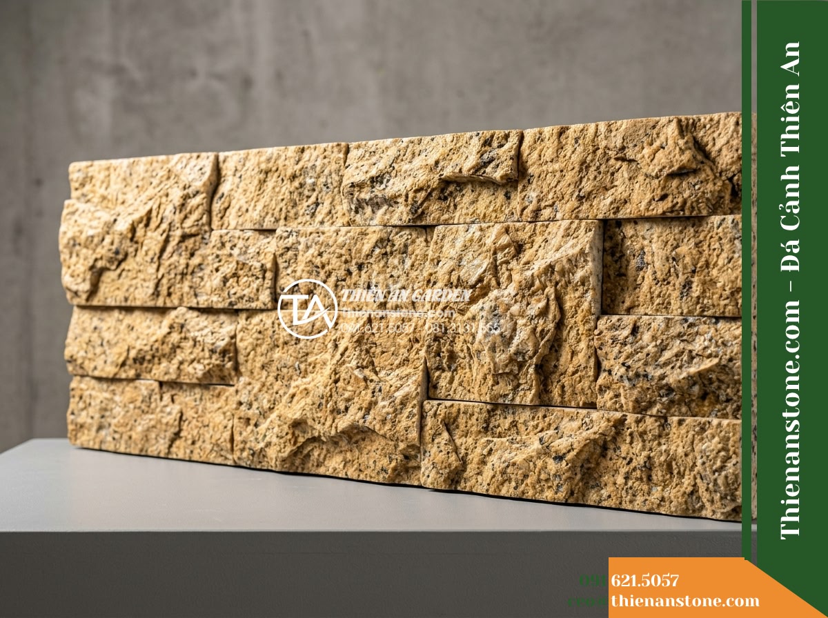 Đá ghép vàng Bình Định | Granite / Marble vàng Bình Định | 10x50 cm - Hình 11 Đá ghép vàng Bình Định | Granite / Marble vàng Bình Định | 10x50 cm - Studio product photograph of an authentic modular yellow Binh Dinh stone claddin