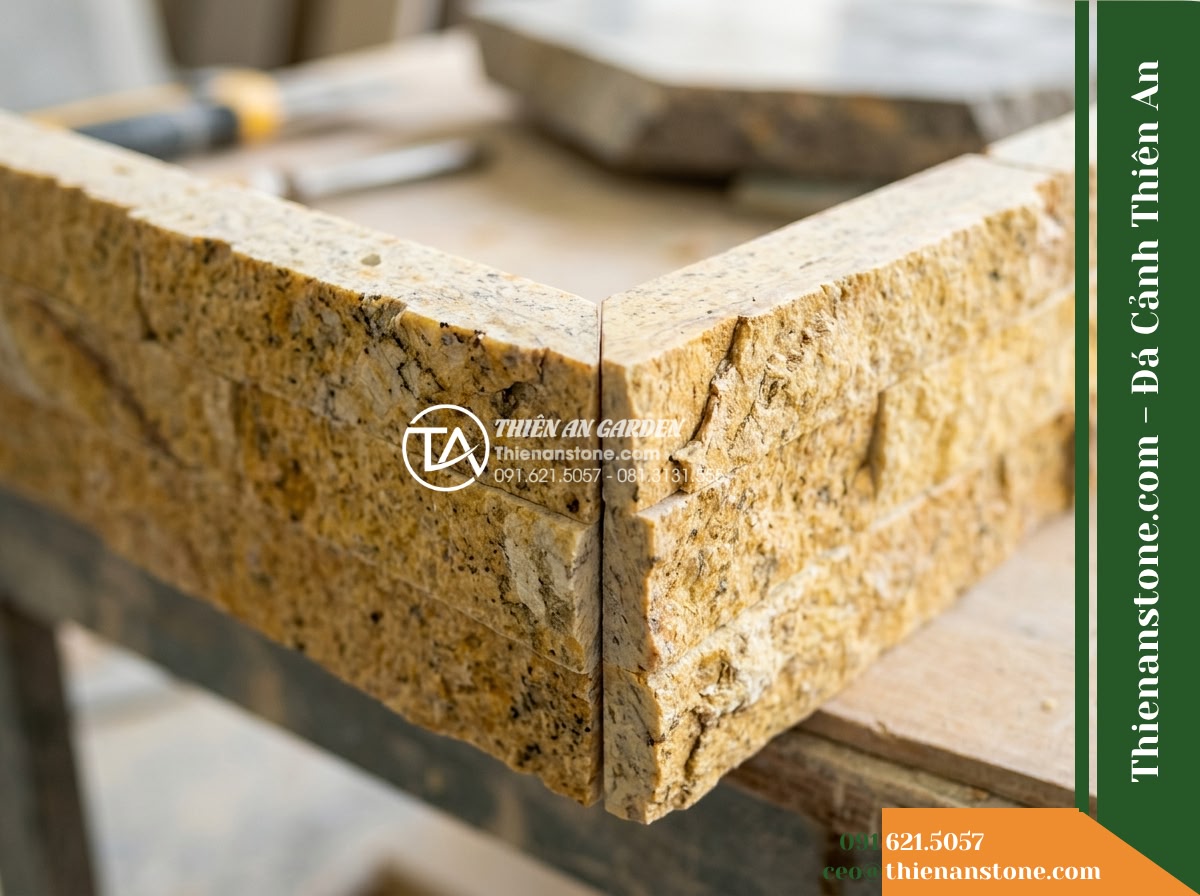 Đá ghép vàng Bình Định | Granite / Marble vàng Bình Định | 10x50 cm - Hình 6 Đá ghép vàng Bình Định | Granite / Marble vàng Bình Định | 10x50 cm - Precise macro photograph of the corner termination of a 10x50 cm modular stone p