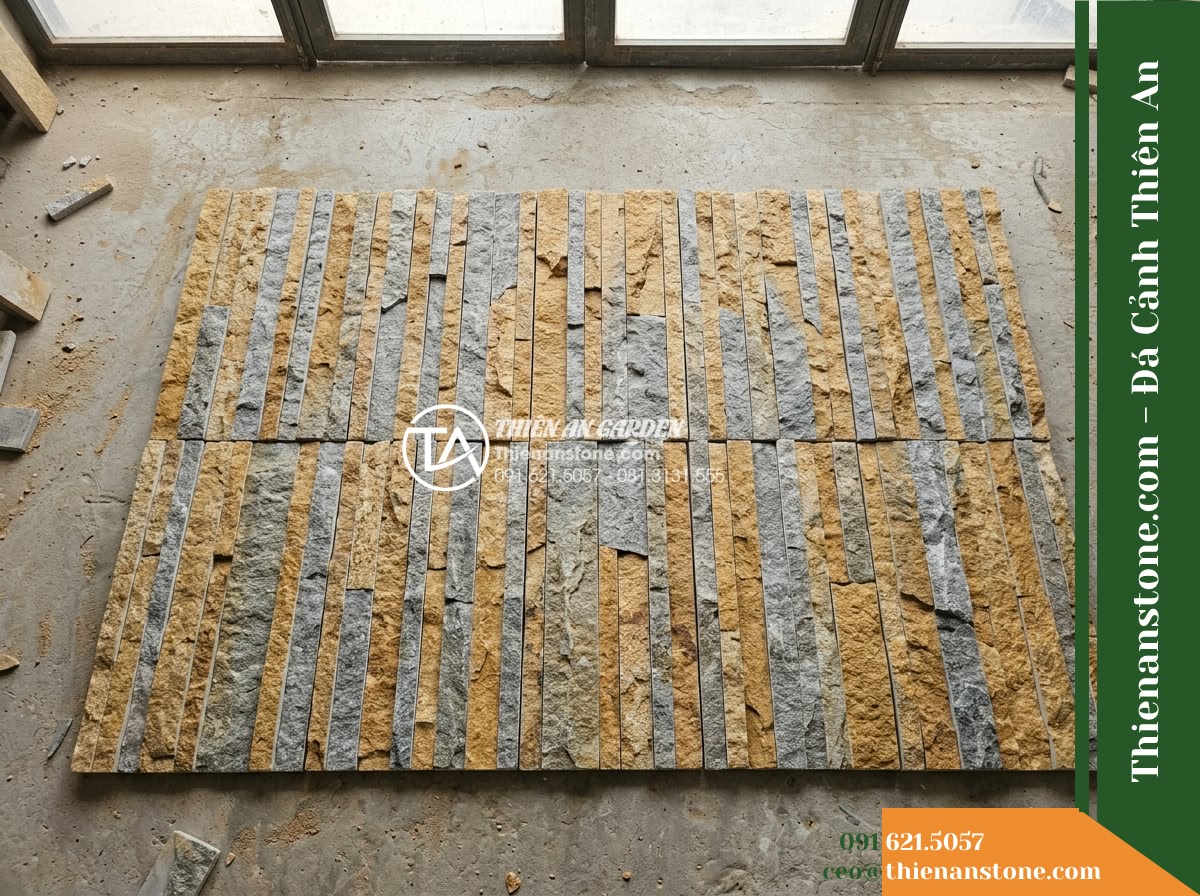 Đá ghép vàng Bình Định | Granite / Marble vàng Bình Định | 10x50 cm - Hình 7 Đá ghép vàng Bình Định | Granite / Marble vàng Bình Định | 10x50 cm - Top-down flat lay view of a test dry-lay arrangement on a workshop floor, assemb