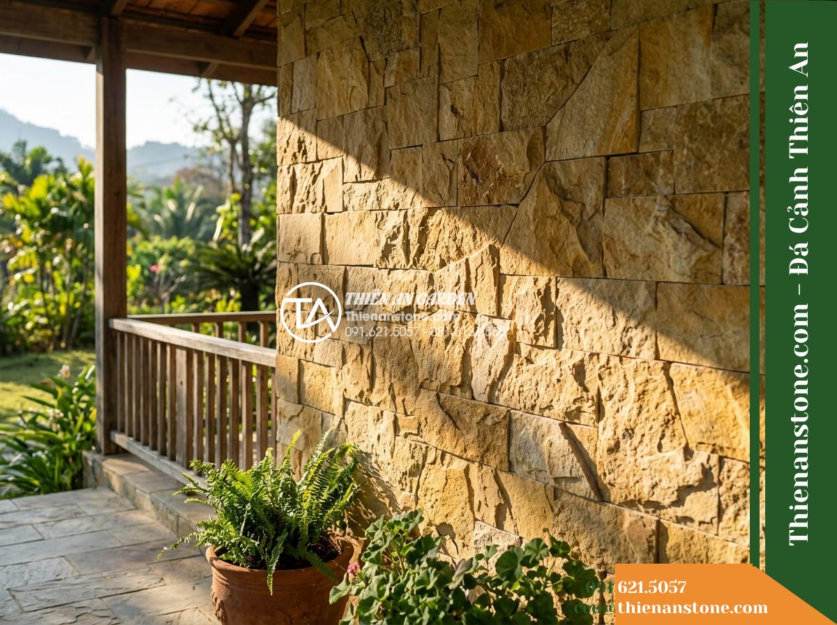 Đá ghép vàng Quỳ Hợp | Đá vôi vàng Quỳ Hợp | 10x40 cm - Hình 13 Đá ghép vàng Quỳ Hợp | Đá vôi vàng Quỳ Hợp | 10x40 cm - Natural morning sunlight raking across the textured surface of a yellow limeston