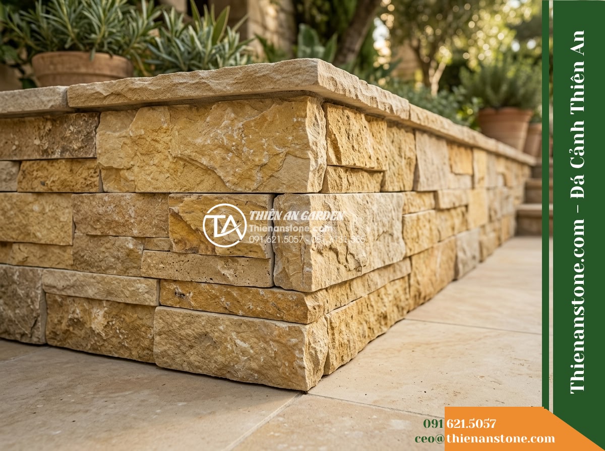Đá ghép vàng Quỳ Hợp | Đá vôi vàng Quỳ Hợp | 10x40 cm - Hình 2 Đá ghép vàng Quỳ Hợp | Đá vôi vàng Quỳ Hợp | 10x40 cm - Close-up diagonal view showing the edge finish and corner joint of a 10x40 cm sp