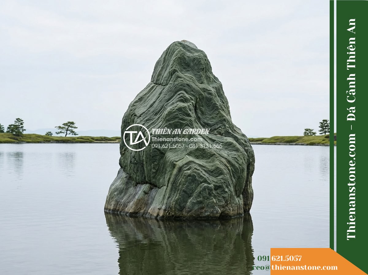 Đá Lam Ngọc Nhật (Khối đại 200–350cm / ~3–8 tấn) | Chuyên dựng ngọn chủ (núi chính), thế núi thanh tao, tĩnh lặng giữa hồ lớn.