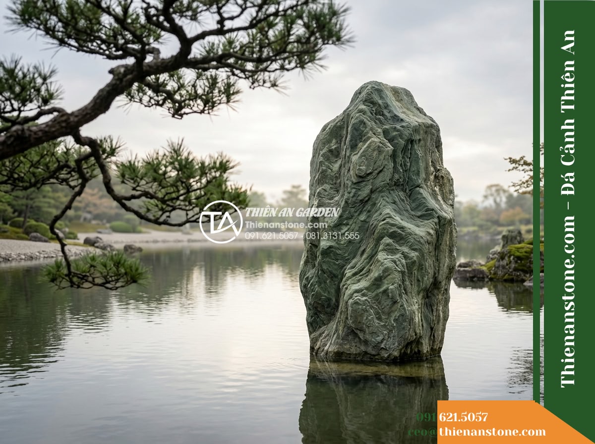 Đá Lam Ngọc Nhật (Khối đại 200–350cm / ~3–8 tấn) | Chuyên dựng ngọn chủ (núi chính), thế núi thanh tao, tĩnh lặng giữa hồ lớn.