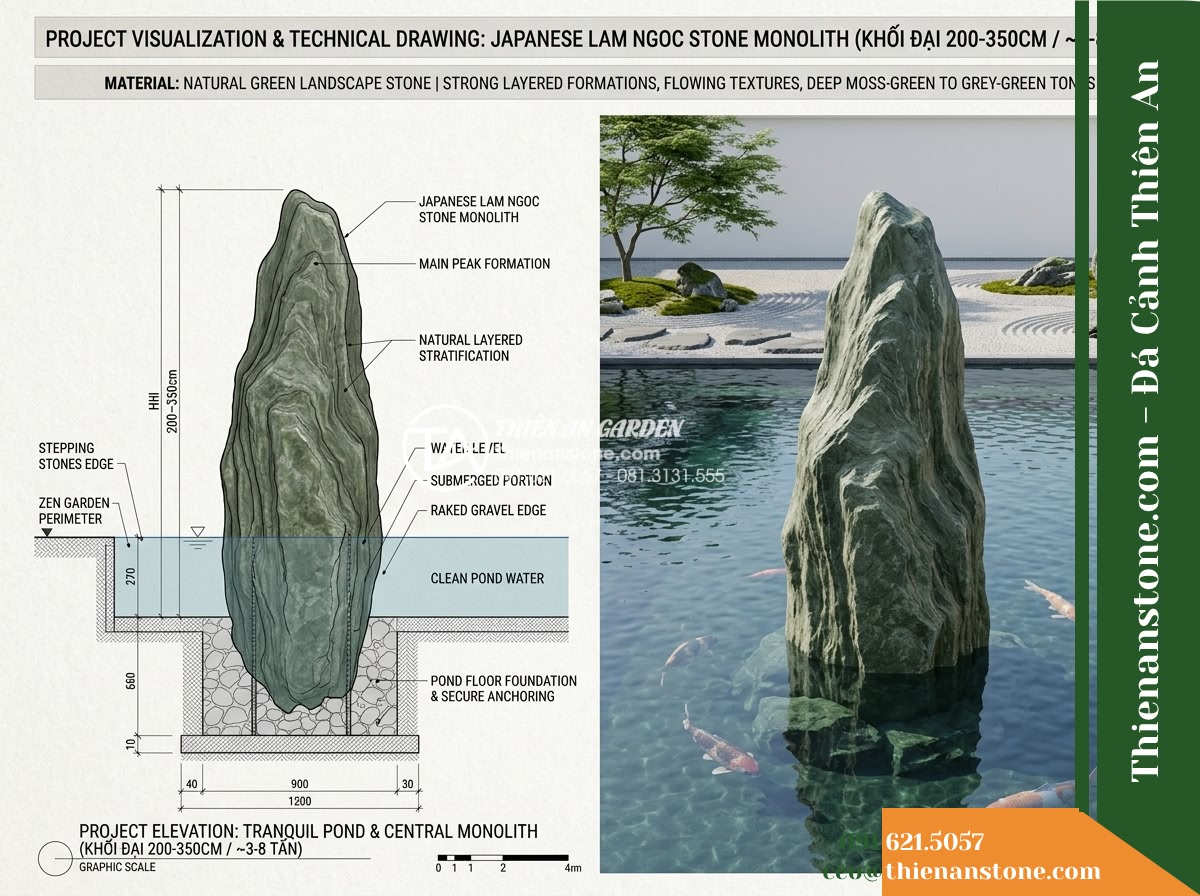 Đá Lam Ngọc Nhật (Khối đại 200–350cm / ~3–8 tấn) | Chuyên dựng ngọn chủ (núi chính), thế núi thanh tao, tĩnh lặng giữa hồ lớn.