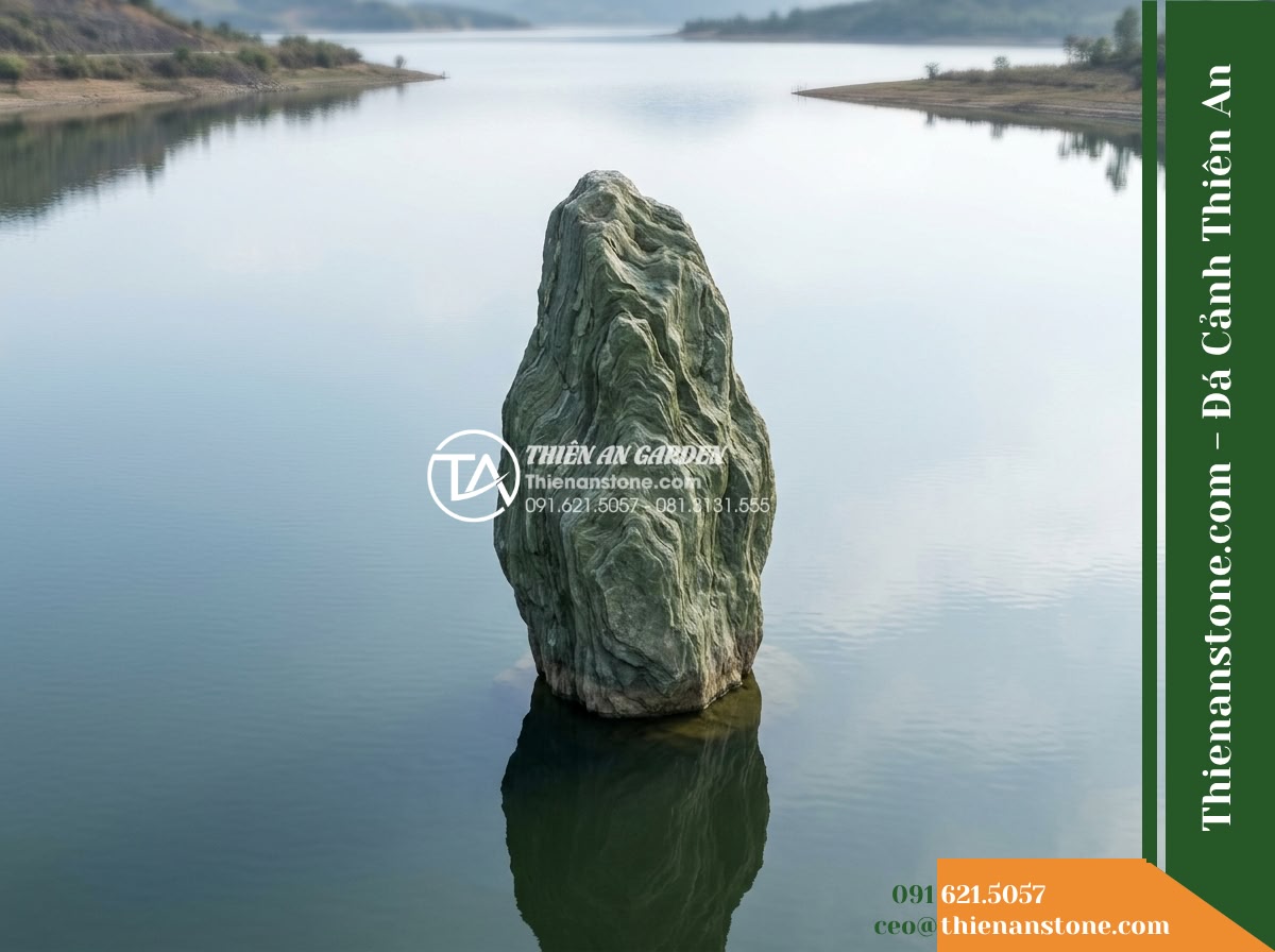 Đá Lam Ngọc Nhật (Khối đại 200–350cm / ~3–8 tấn) | Chuyên dựng ngọn chủ (núi chính), thế núi thanh tao, tĩnh lặng giữa hồ lớn.