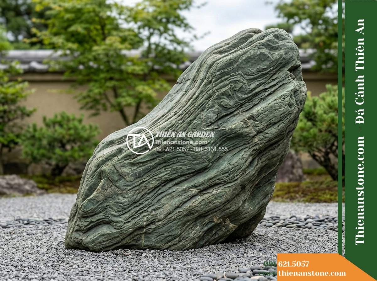 Đá Lam Ngọc Nhật (Khối trung 100–180cm / ~0.8–2 tấn) | Chuyên dựng núi khách (núi phụ), tạo sườn núi thoải phong cách thiền (Zen). - Hình 11 Đá Lam Ngọc Nhật (Khối trung 100–180cm / ~0.8–2 tấn) | Chuyên dựng núi khách (núi phụ), tạo sườn núi thoải phong cách thiền (Zen). - Independent medium shot of the 100-180cm stone block showcasing its distinct swe