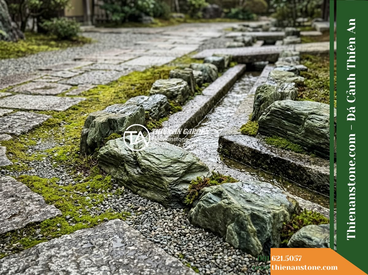 Đá Lam Ngọc Nhật (Size nhỏ 10–30cm) | Chuyên bo bờ hồ nhỏ, máng nước phong cách Zen. - Authentic ground-level view of a Japanese Zen walkway corner featuring a low-pro