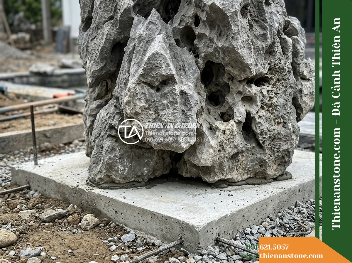Đá Mão Xám (Khối trung 60–120cm / ~300–900kg) | Chuyên ghép bệ móng vững chãi, tạo thềm đá phẳng sát mặt nước. - Hình 10 Đá Mão Xám (Khối trung 60–120cm / ~300–900kg) | Chuyên ghép bệ móng vững chãi, tạo thềm đá phẳng sát mặt nước. - Low-angle ground level view focusing on the stable junction between a concrete f