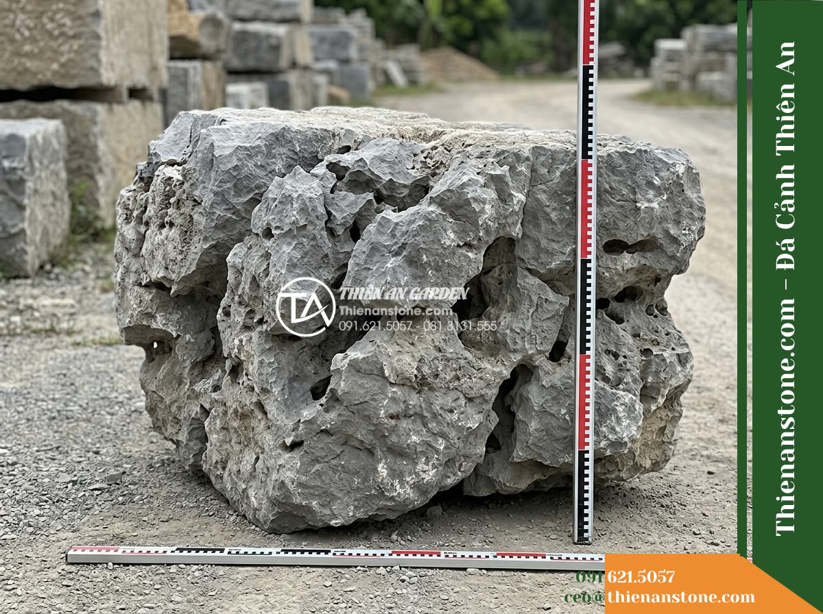Đá Mão Xám (Khối trung 60–120cm / ~300–900kg) | Chuyên ghép bệ móng vững chãi, tạo thềm đá phẳng sát mặt nước. - Hình 17 Đá Mão Xám (Khối trung 60–120cm / ~300–900kg) | Chuyên ghép bệ móng vững chãi, tạo thềm đá phẳng sát mặt nước. - Technical perspective of a raw gray stone block resting on level ground with mea