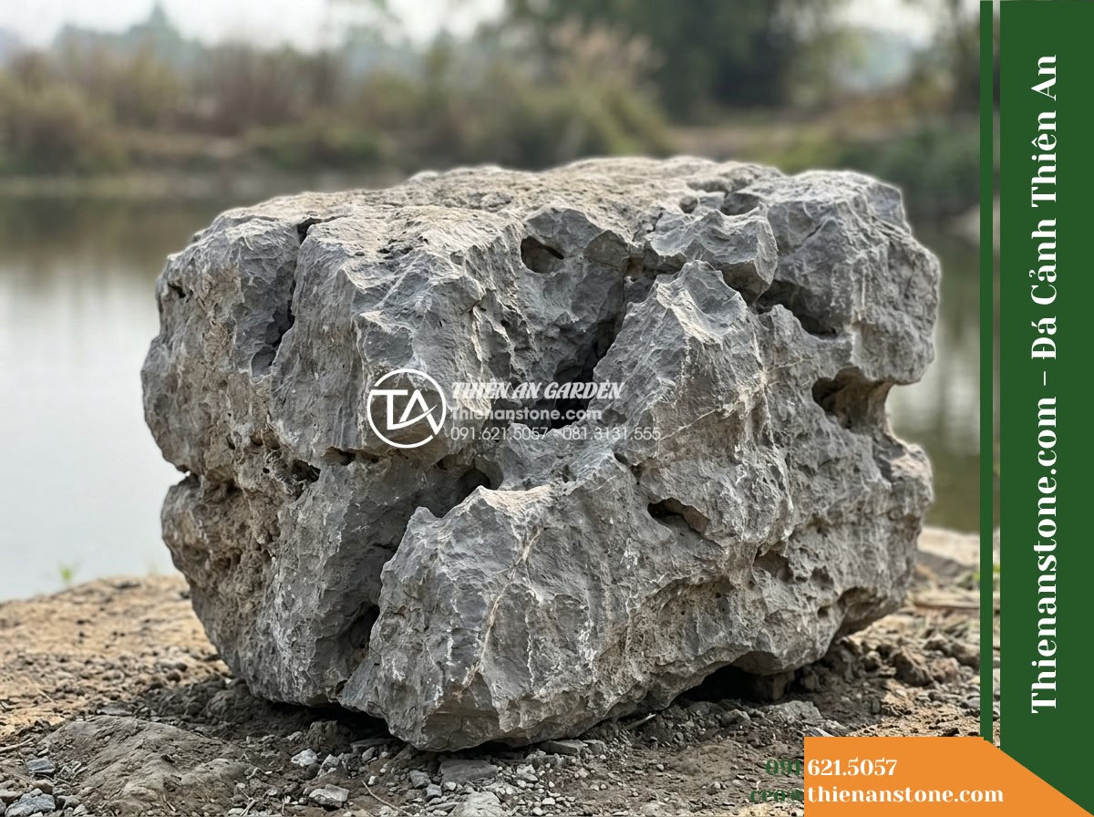 Đá Mão Xám (Khối trung 60–120cm / ~300–900kg) | Chuyên ghép bệ móng vững chãi, tạo thềm đá phẳng sát mặt nước. - Hình 3 Đá Mão Xám (Khối trung 60–120cm / ~300–900kg) | Chuyên ghép bệ móng vững chãi, tạo thềm đá phẳng sát mặt nước. - Close-up view of a natural gray stone block showing its authentic coarse surface