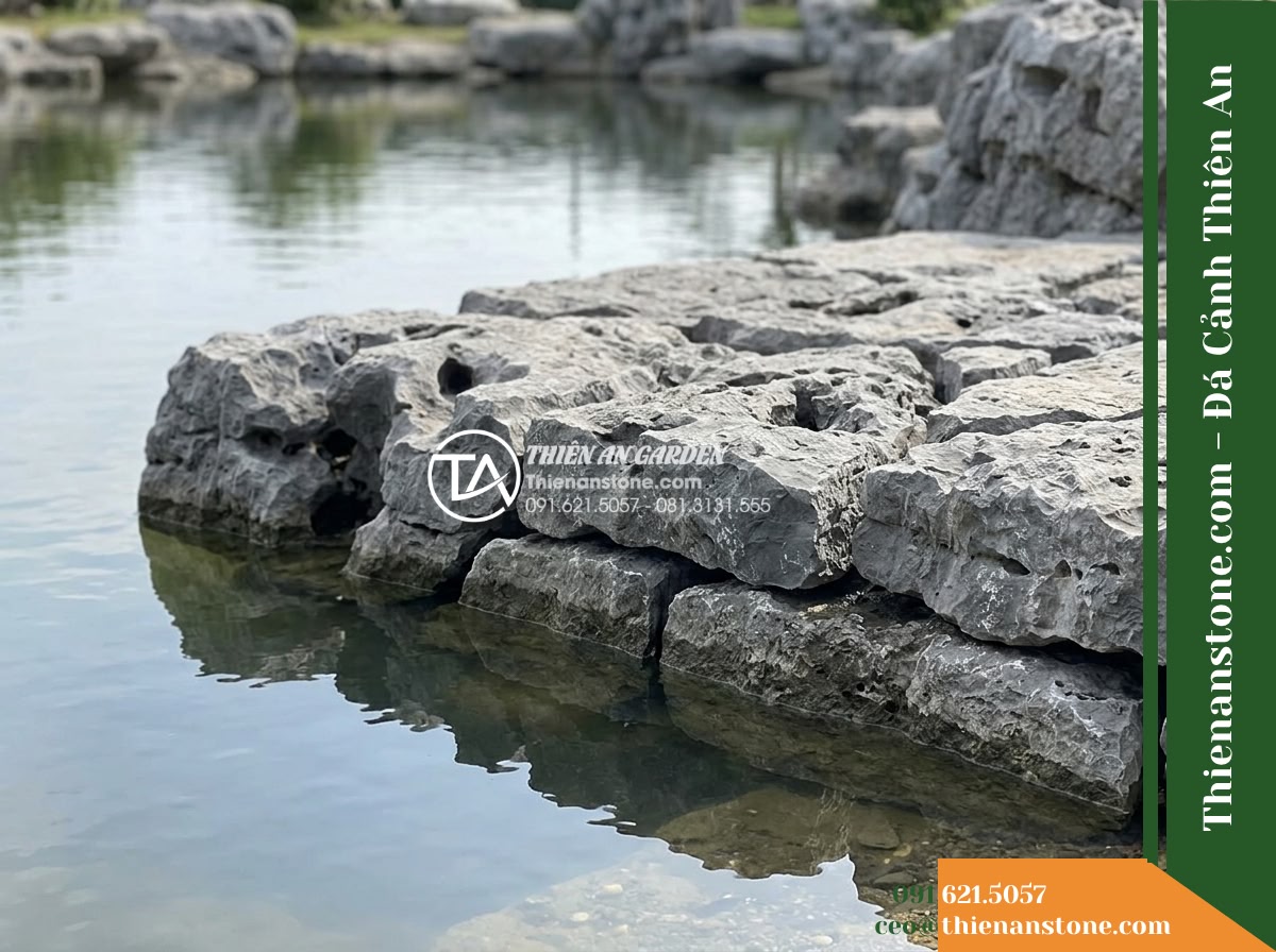 Đá Mão Xám (Khối trung 60–120cm / ~300–900kg) | Chuyên ghép bệ móng vững chãi, tạo thềm đá phẳng sát mặt nước. - Hình 7 Đá Mão Xám (Khối trung 60–120cm / ~300–900kg) | Chuyên ghép bệ móng vững chãi, tạo thềm đá phẳng sát mặt nước. - Close-up of rockery water interface showing medium gray stone creating a stable