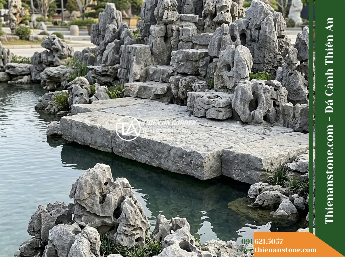 Đá Mão Xám (Khối trung 60–120cm / ~300–900kg) | Chuyên ghép bệ móng vững chãi, tạo thềm đá phẳng sát mặt nước. - Hình 8 Đá Mão Xám (Khối trung 60–120cm / ~300–900kg) | Chuyên ghép bệ móng vững chãi, tạo thềm đá phẳng sát mặt nước. - Wide view capturing the negative space and depth created by a horizontal stone s