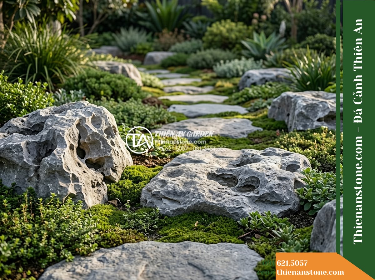 Đá Mão Xám (Size lớn 50–80cm) | Chuyên làm bước dạo, điểm nhấn sân vườn. - A tranquil landscape garden with a stepping stone path using large natural grey