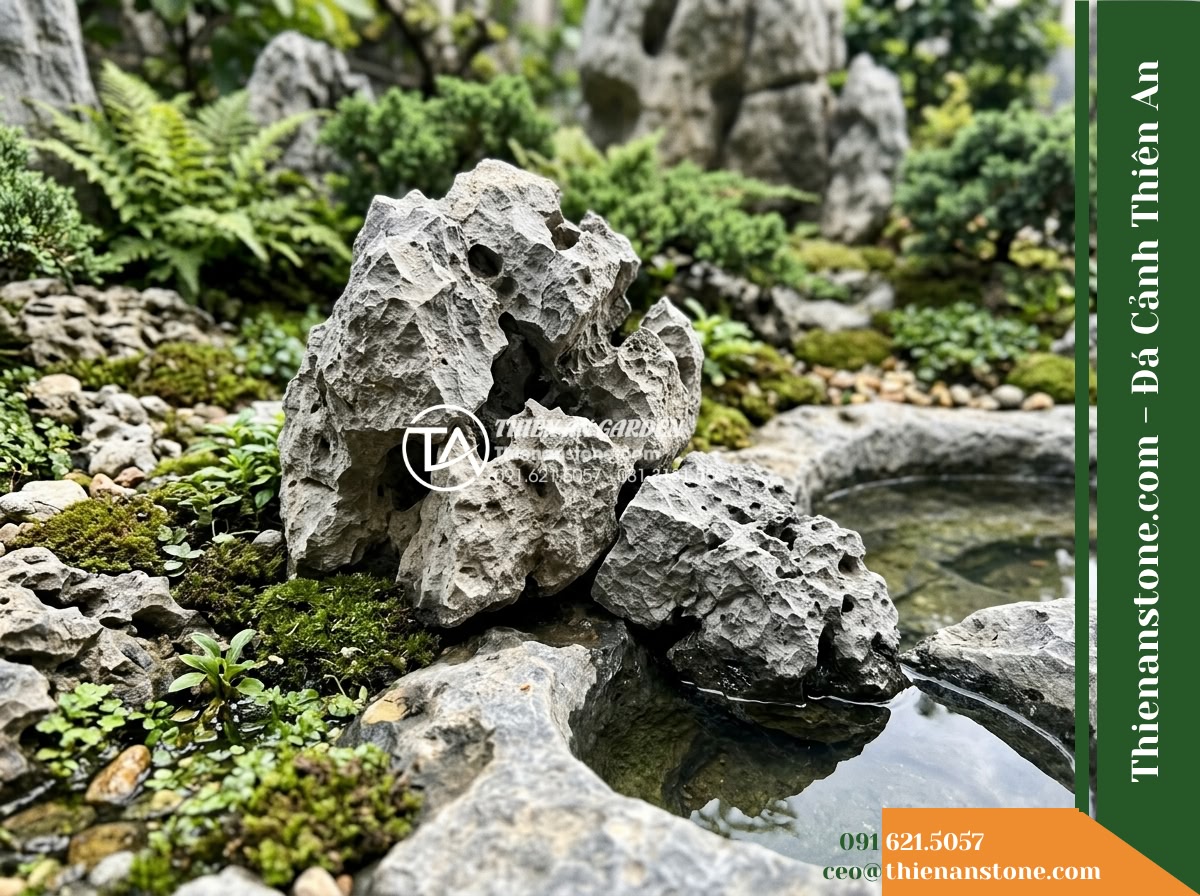 Đá Mão Xám (Size nhỏ 10–25cm) | Chuyên chèn khe, bo bờ tiểu cảnh. - Hình 12 Đá Mão Xám (Size nhỏ 10–25cm) | Chuyên chèn khe, bo bờ tiểu cảnh. - A focused field view showing the seamless functional pairing between a 40cm boul