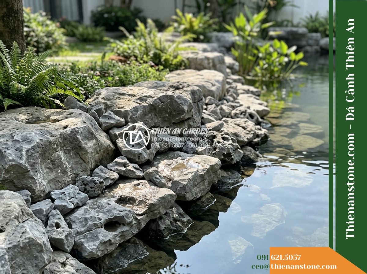 Đá Mão Xám (Size nhỏ 10–25cm) | Chuyên chèn khe, bo bờ tiểu cảnh. - Hình 2 Đá Mão Xám (Size nhỏ 10–25cm) | Chuyên chèn khe, bo bờ tiểu cảnh. - Side view of a natural curved shoreline boundary in a tranquil courtyard water g