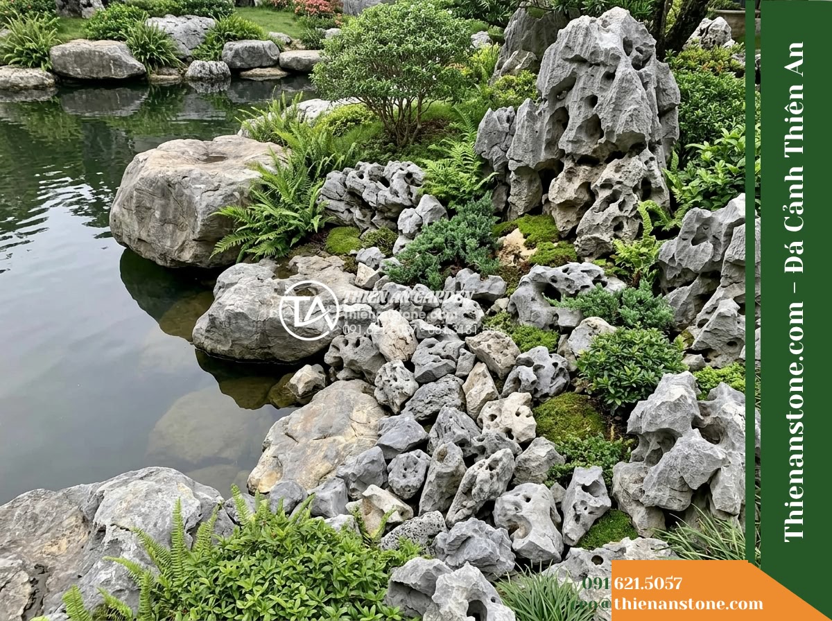 Đá Mão Xám (Size nhỏ 10–25cm) | Chuyên chèn khe, bo bờ tiểu cảnh. - Hình 8 Đá Mão Xám (Size nhỏ 10–25cm) | Chuyên chèn khe, bo bờ tiểu cảnh. - Wide angle view of a garden shoreline corner showing the transition of large bou