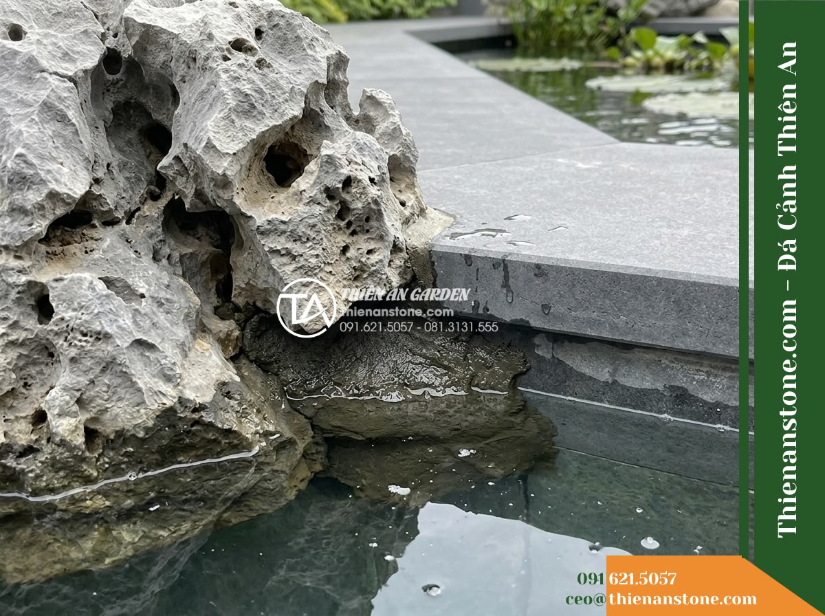 Đá Mão Xám (Size trung 30–50cm) | Chuyên bo bờ hồ phong cách hiện đại. - Hình 7 Đá Mão Xám (Size trung 30–50cm) | Chuyên bo bờ hồ phong cách hiện đại. - Detailed close-up of the transition joint between a 40cm gray natural stone and